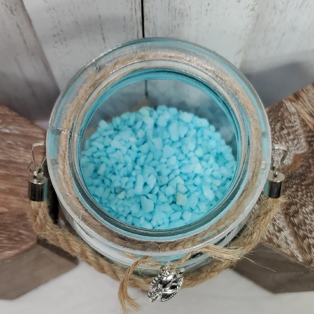 Silver Seahorse Charm Glass Jar Vase Twine Handle with Aqua Pebble Rocks